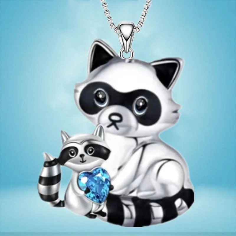 Fashion Mother Child Raccoon Necklace Heart Crystal Pendant Engagement Necklaces for Women Animal Jewelry Party Anniversary Gift