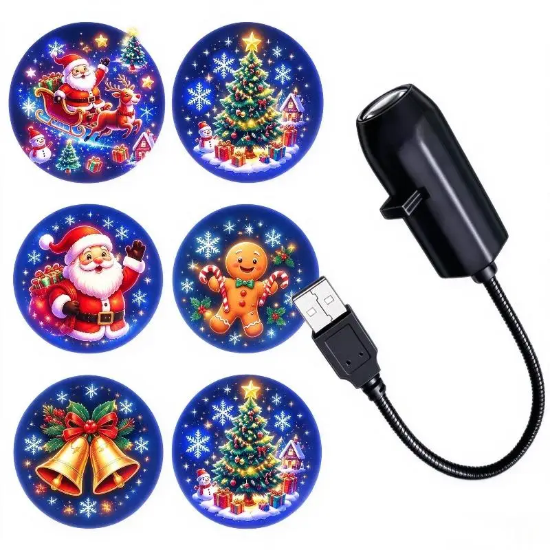USB Christmas Projector Lamp 6 Diverse Xmas Patterns Flexible Gooseneck Light for Home Party Wall Decoration