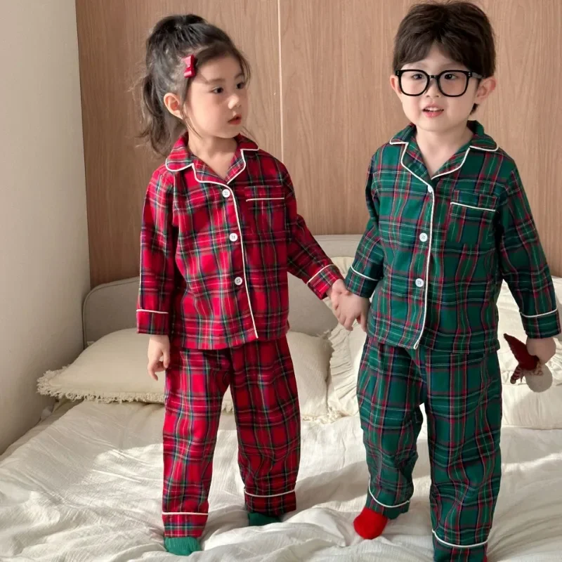 Spring New Kids Baby Lapel Pajama Sets Christmas cotton Home Sleepwear Boys Girls Kid‘s Cardigan Pyjamas Set hildren’s Clothing