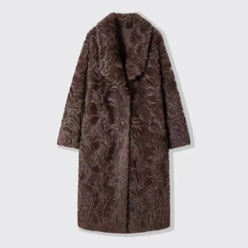 معطف نسائي شتاء 2025 جديد فضفاض بلون معطف فرو خروف فرو متكامل فضفاض دافئ بحيرة صغيرة الأغنام الركبة معطف طويل WLF #4