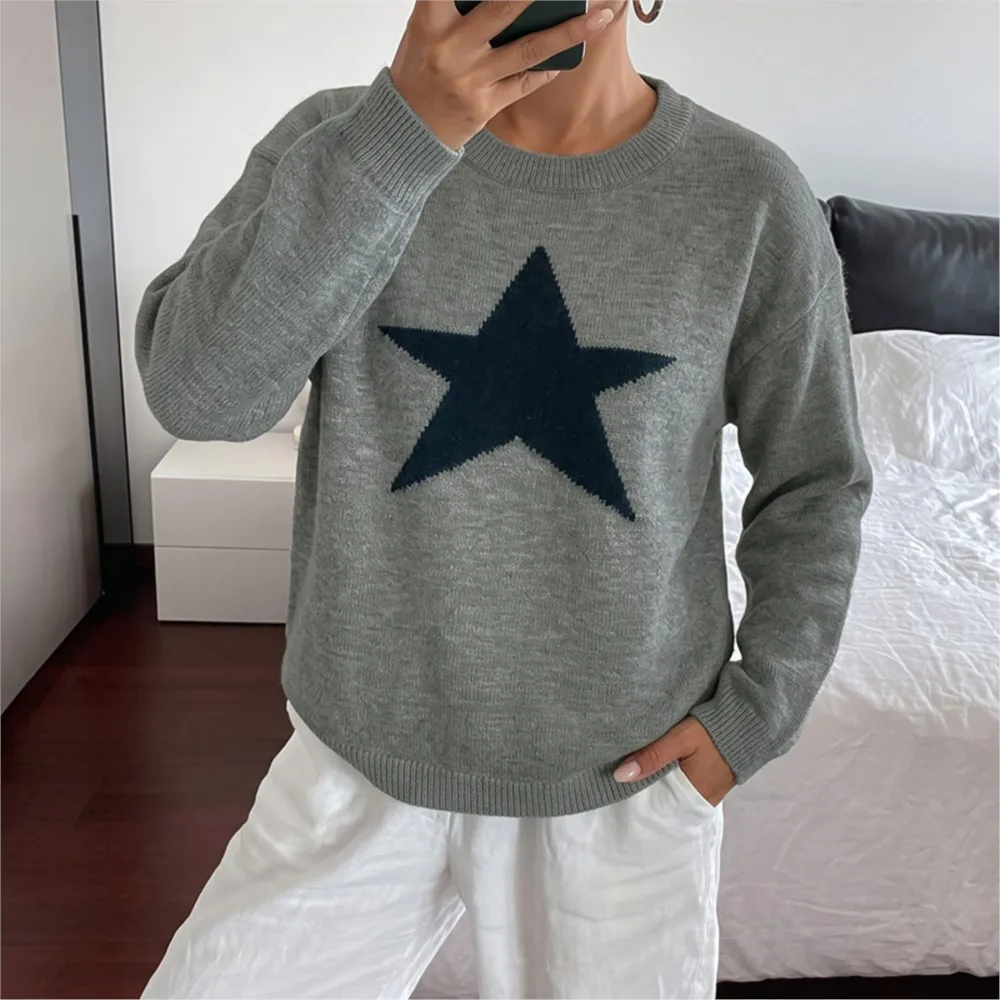 MsChuh All-match Loose Simple Style Sweater Winter Clothes Woman Pulls Femmes Daily Commuting Lazy Five-pointed Star Solid Color 3