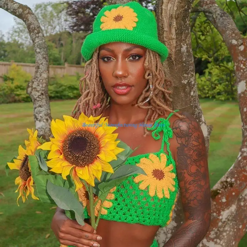 E56A Crochet Star Floral Pattern Crochet Bucket Hat Multicolor Foldable Wide Brim Hat