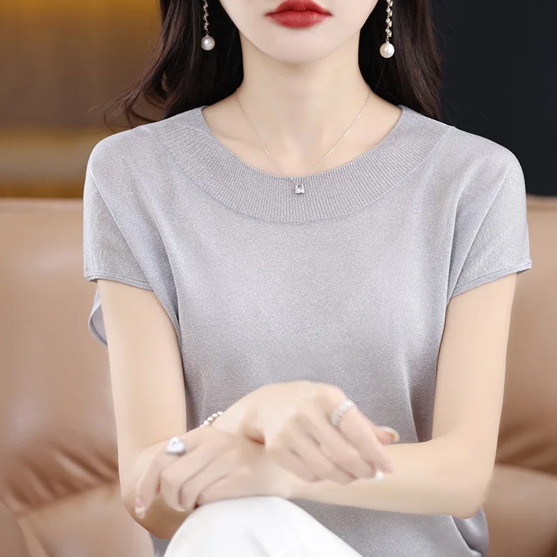 

Вязаный топ из ледяного шелка, женский ор Све, летняя тонкая драпировка, свободная посадка, круглая футболка Ne ort Sve, корейская футболка Sle Commute Wind