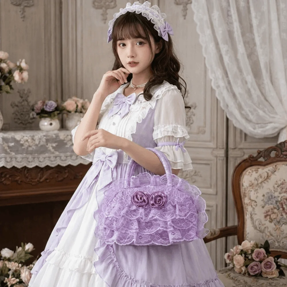 Polyester Material Ruffled Lace Handbag 3D Fabric Rose Multilayer Lolita Bag Dome Top Handle Spacious Interior Small Tote Bag view 3
