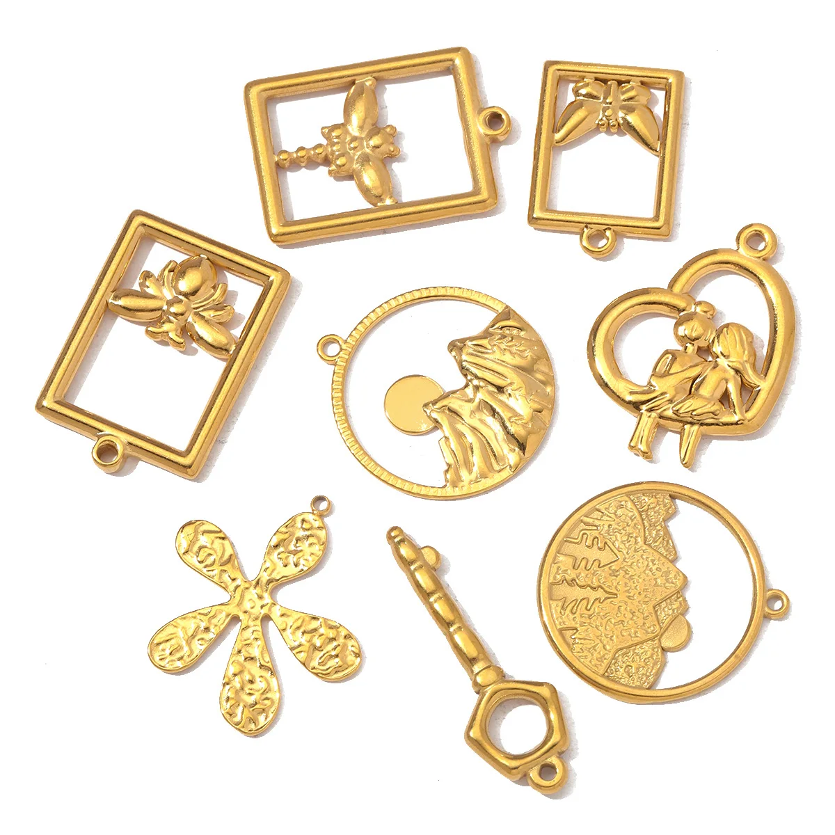 5pcs/Lot Wholesale Stainless Steel Sun Mountain Eye DIY Bracelet Charms Women Bee Key Necklace Pendants Chili Heart Jewelry