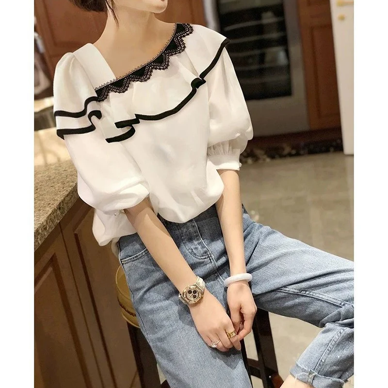 Spring Summer New Korean Style Sweet Diagonal Collar Ruffles Lace Patchwork Elegant Fashion Blouse Top Women Loose Casual Shirts