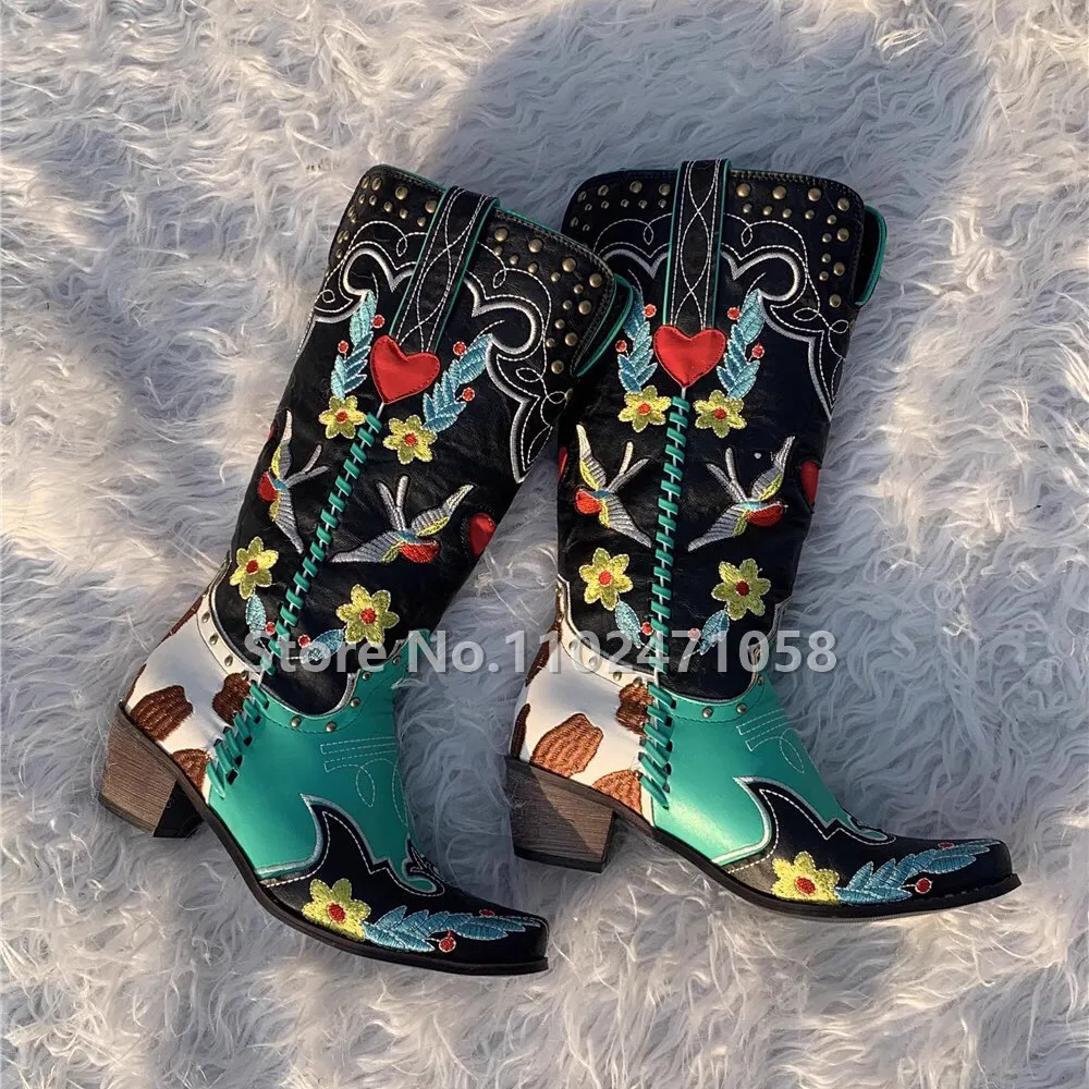 

Ethnic Style Swallow Totem Embroidery Long Boots Ladies Chelsea Boots Mixed Color Western Cowboy Mid-calf Boots for Women