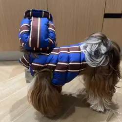Winter Warm Dog Cotton Coat For Small Medium Puppy Bichon Teddy Stripe Vest Drak Blue Dog Warm Jacket Coat With Hat Pet Clothes