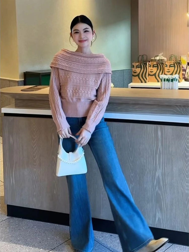 Autumn and Winter Fashion New Women's Elegant Knitted Korean High End One Shoulder Hoodie Warm Cashmere Thick Sweater