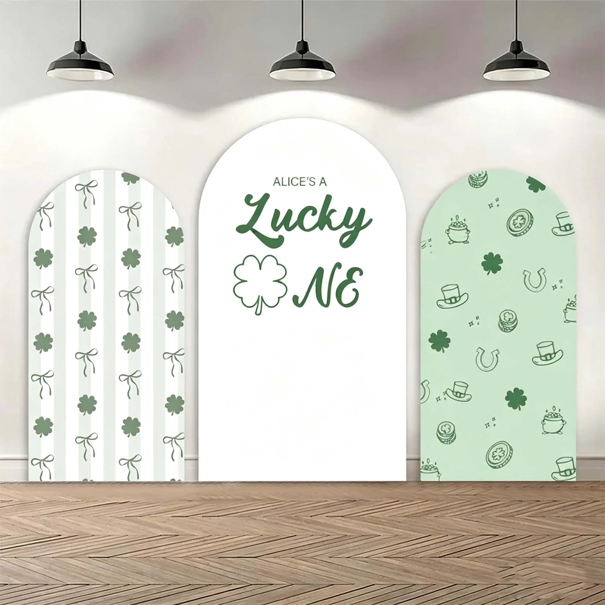 Custom 2-Side Lucky One Birthday Party Arch Background Cover Four-leaf clover Bow Diy Name Age Decor Backdrop Photo