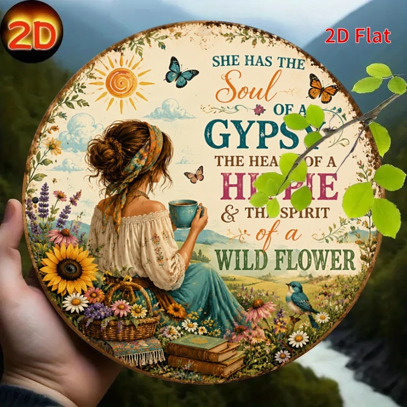 2D Flat, Decorative Sign 2D Flat, [2Dflat], 1pc 7.87x7.87inch- Soul Of A Gypsy Hippie Metal Aluminum Tin Plaque, Boho Floral Dec