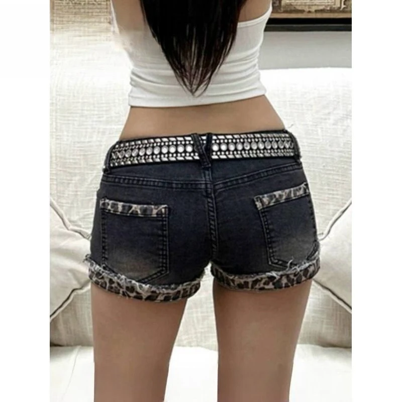 Retro denim super shorts women's summer new leopard print low waist versatile hip-wrapped hot pants