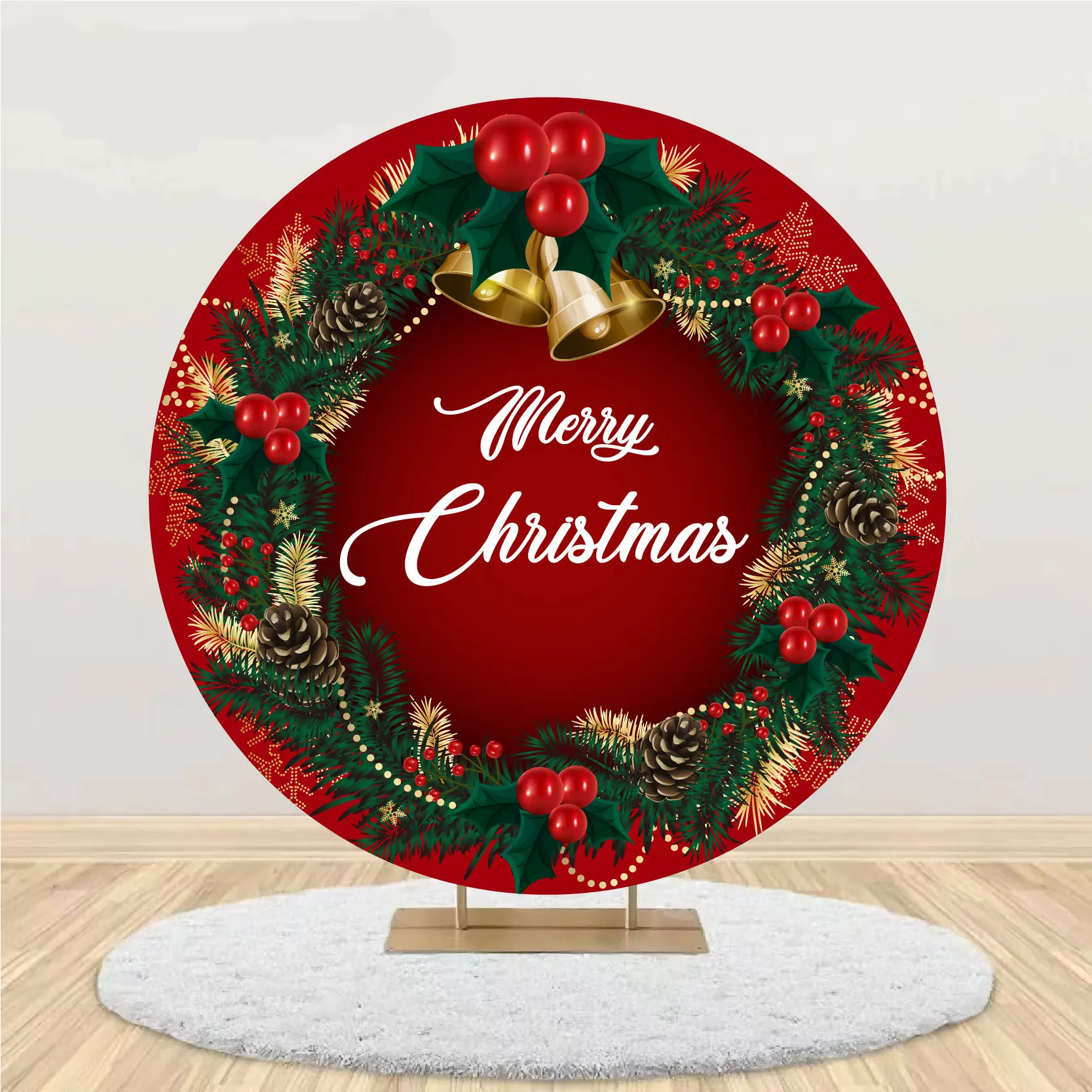 Merry Christmas Theme Round Backdrop Cover and 3pcs Red Cylinder Covers Christmas Party Decor Photo Studio Props Elastic Fabric