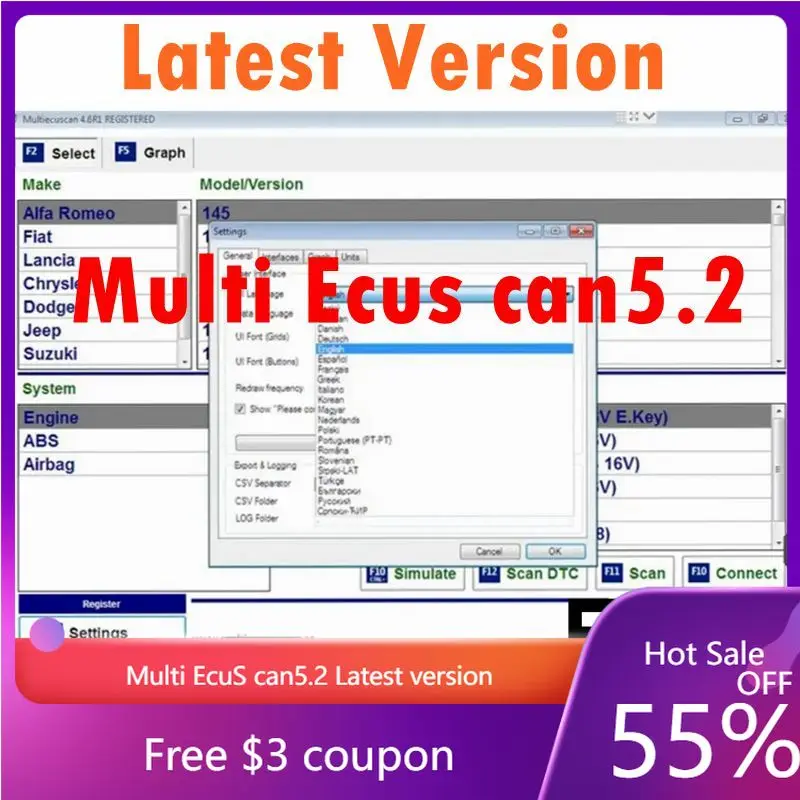

MultiEcuS can 5.2 Register Work With ELM327 Latest Version For OBD2 Diagnostic Tools Multiecuscan Software For Fiat Connector