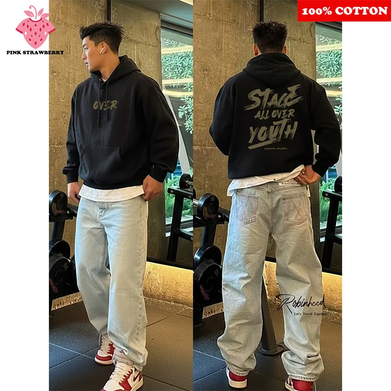 

American HipHop Letter Print Hoodie Men Autumn Winter Oversize Cotton Black Plush Warm Pullover Sweatshirt Y2k Top Men clothing