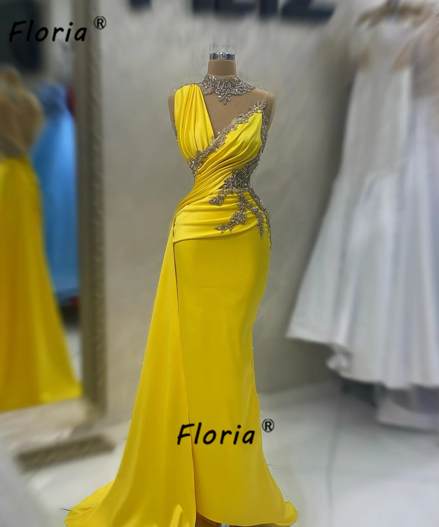 

Elegant Sheer Neck Dubai Formal Occasion Dress Floral Beadings Pleated Satin Evening Dresses Custom Made Special Party Gowns