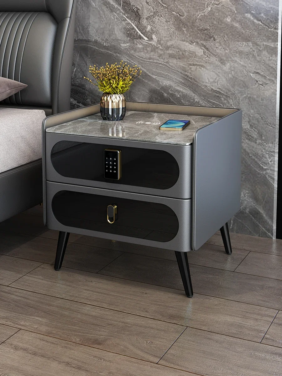 Intelligent luxury rock slab bedside table Simple and modern lockable wireless leather storage cabinet