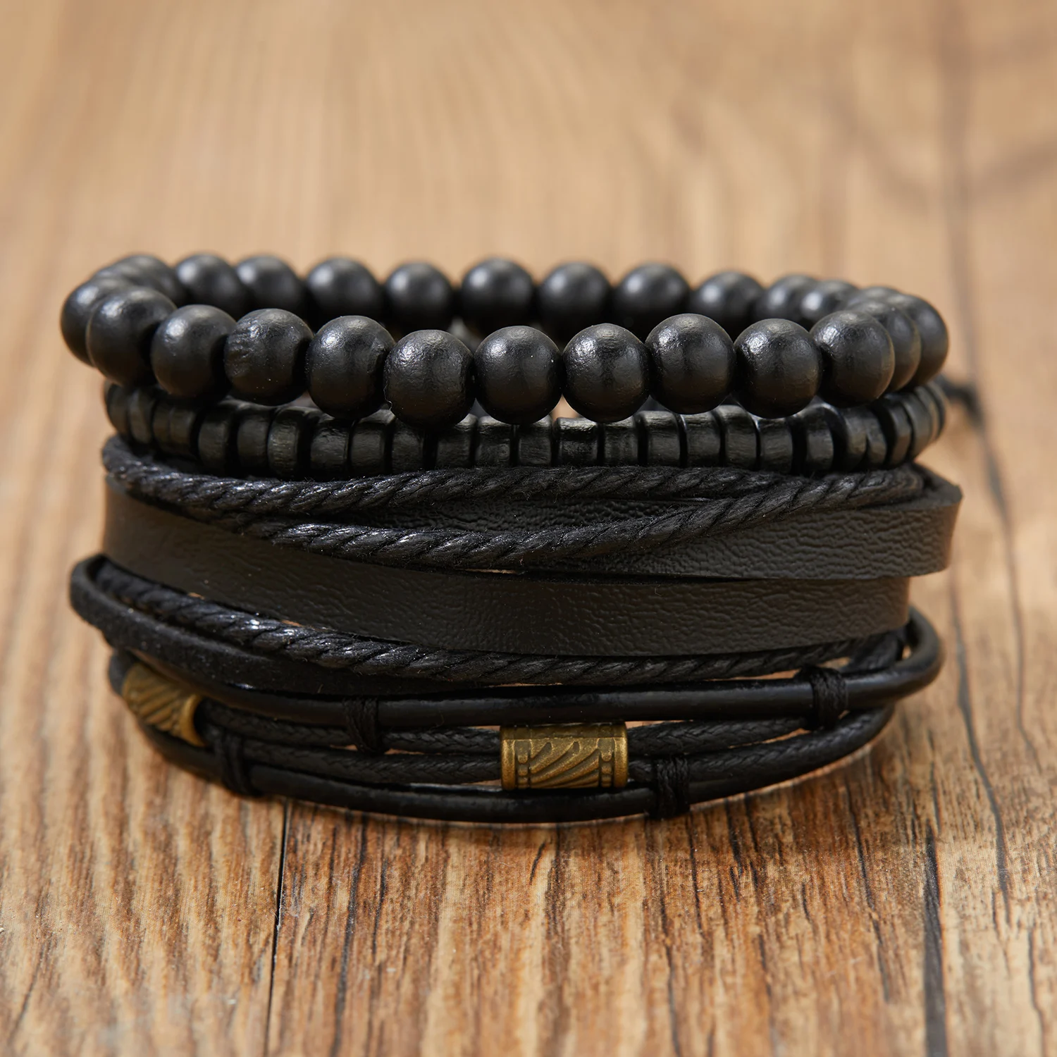 Combination Braided Bracelet Sets For Men Fashion Wood Beads Black Rope Woven Multilayer Lucky Leather Bracelets Jewelry Gifts