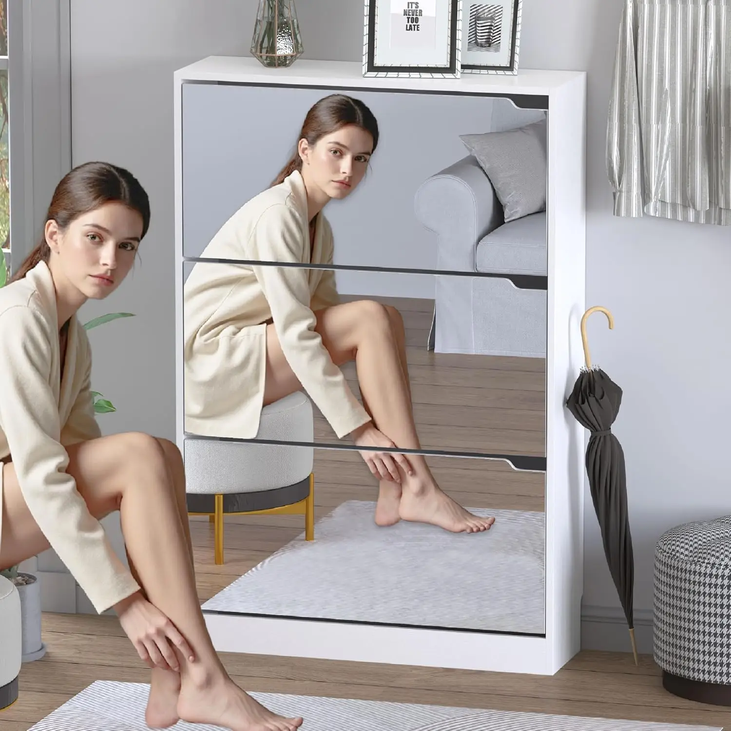 Shoe Cabinet with 3-Flip Mirror Drawers, Freestanding Shoe Rack Organizer with Hidden Handle image 3