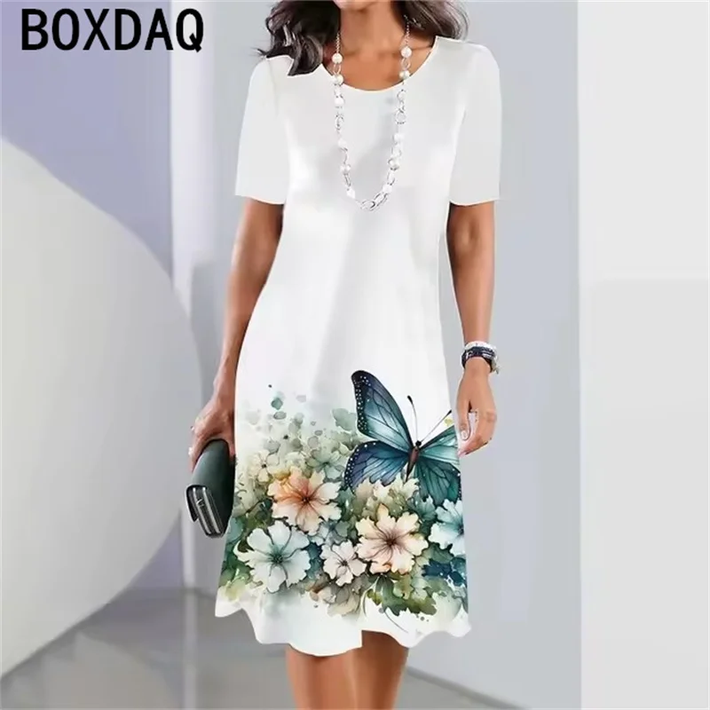 3D Colorful Butterfly Flowers Pattern Casual Dress Women Short Sleeve A-Line Dress Big Size Summer Beach Elegant Party Dress