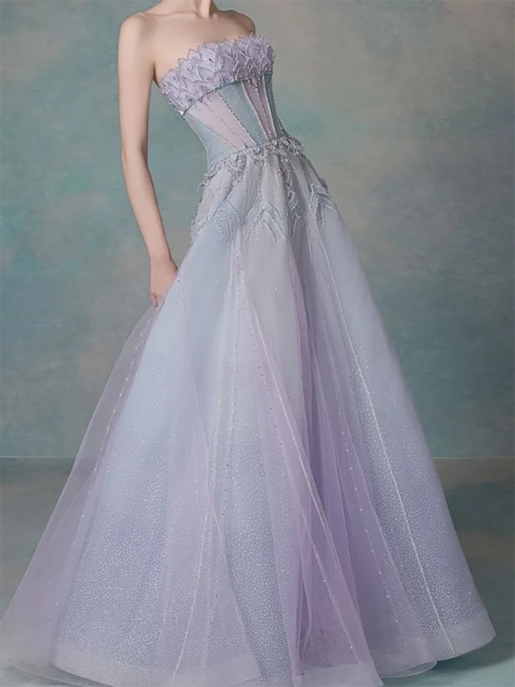 

Classic Strapless Sleeveless Tulle Appliquins A-Line Formal Evening Dresses Birthday Party Prom Gowns Customized