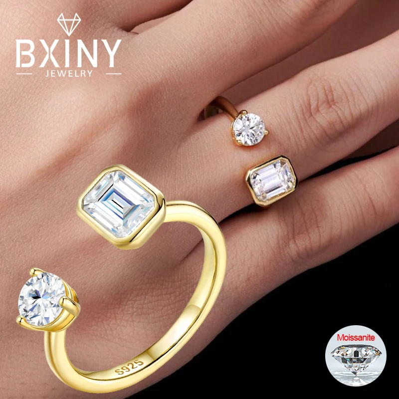 

BXINY Открытые кольца с 2 камнями из муассанита, стерлинговое серебро 925 пробы для женщин, изумрудная и круглая огранка, лабораторное бриллиантовое обручальное кольцо, подарок, ювелирные изделия