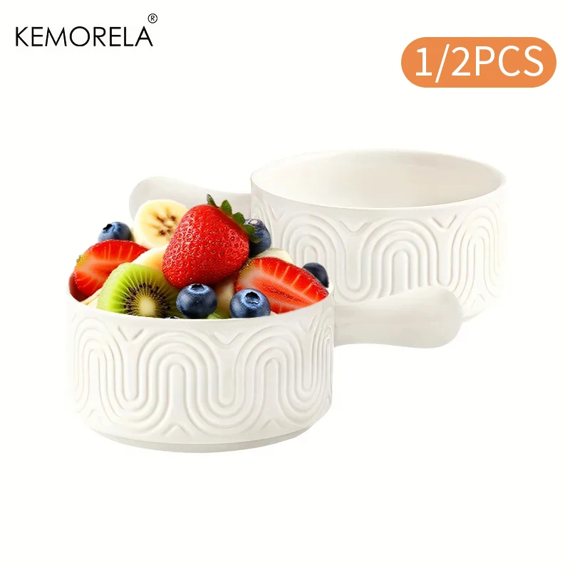 KEMORELA 1/2PCS White Ceramic Bowl with Handle Embossed Design French Onion Soup Bowl for Cheese Cereal Pot Cake - Dining Set