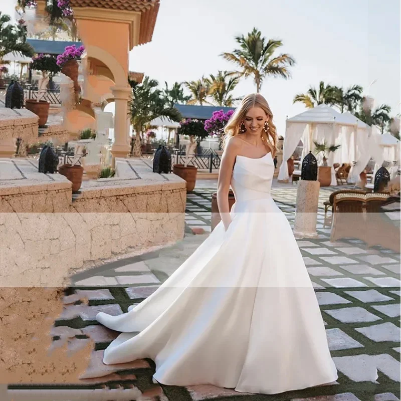 Robe de mariée sans manches, col rond, personnalisée sur mesure, Simple, boutons plissés, longueur au sol, 2024