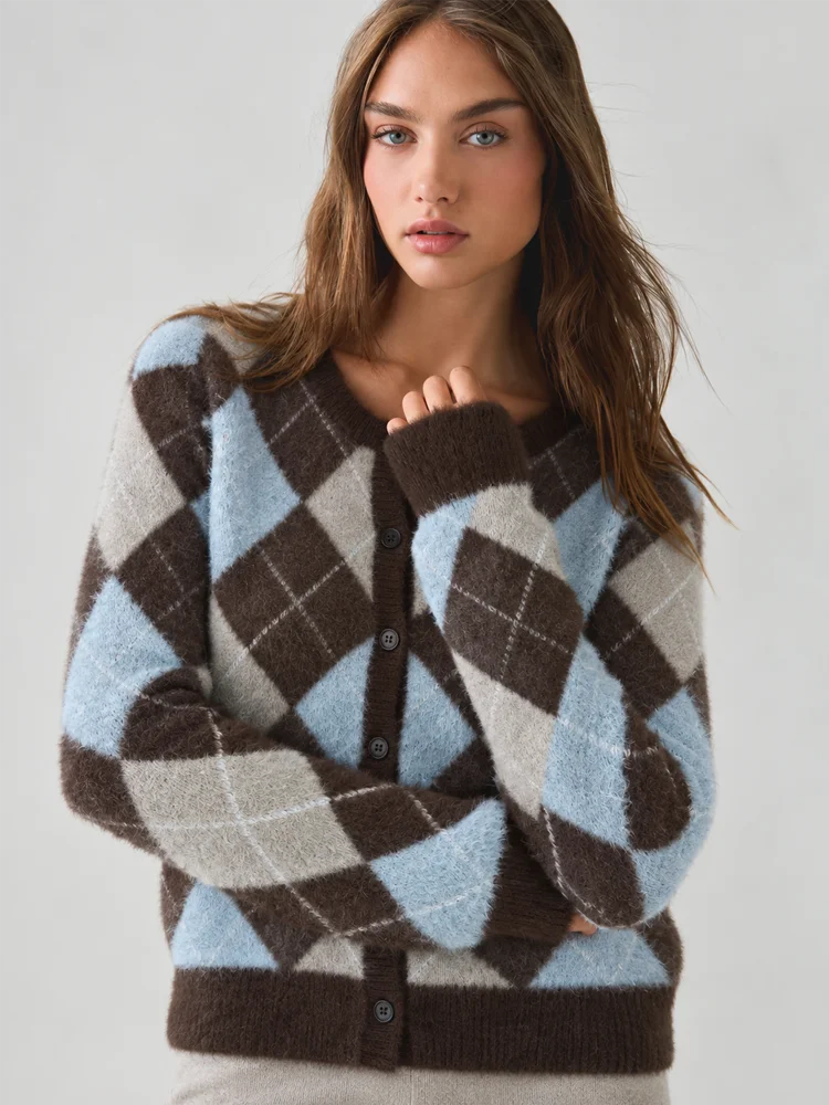 Women Argyle Plaid Cardigan Round Neck Button Front Long Sleeve Cropped Retro Diamond Check Fall Casual Sweater