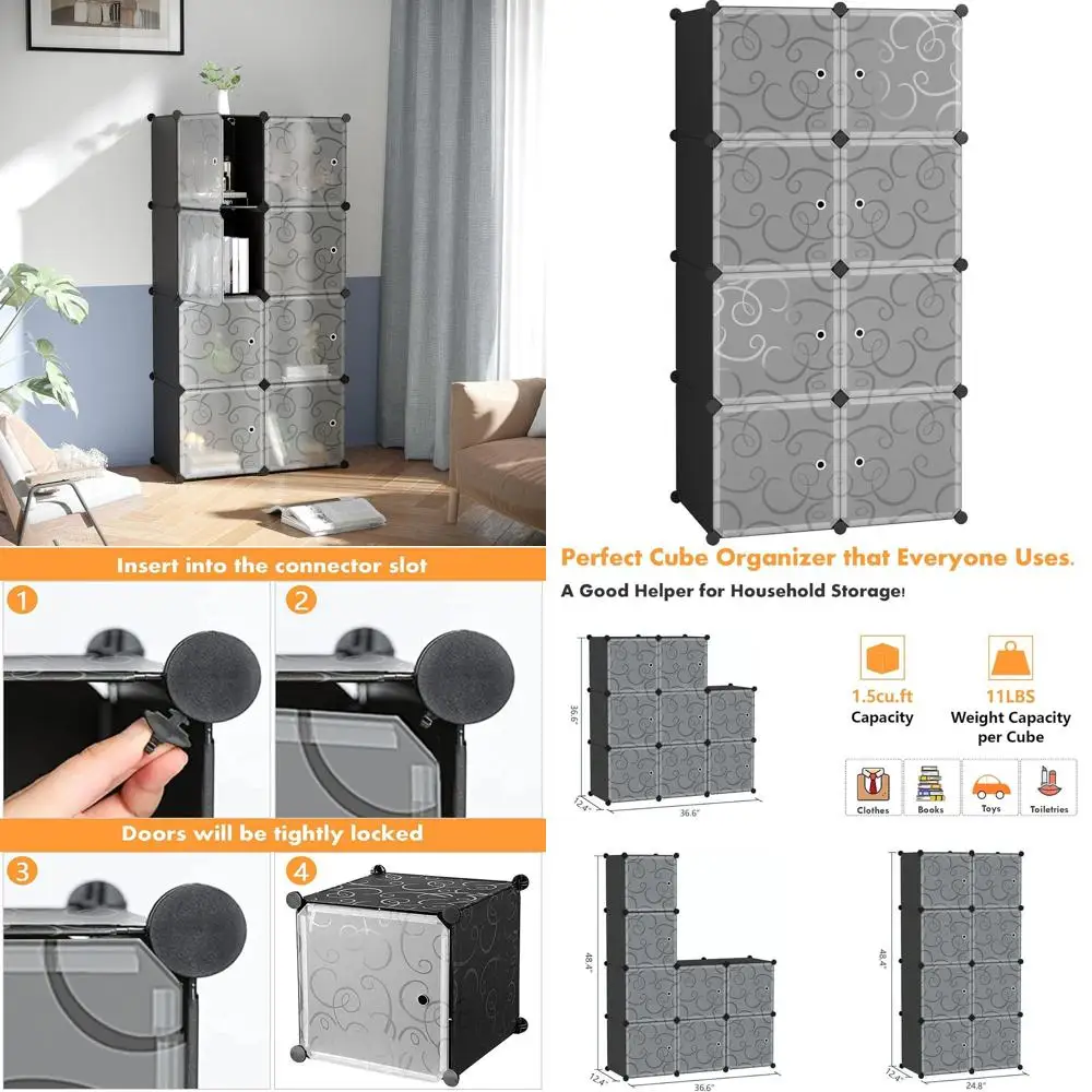 

8-Cube Organizer, Space-Saving Storage Cabinet, Ideal for Rooms, 24.8L x 12.4W x 48.4H, Black