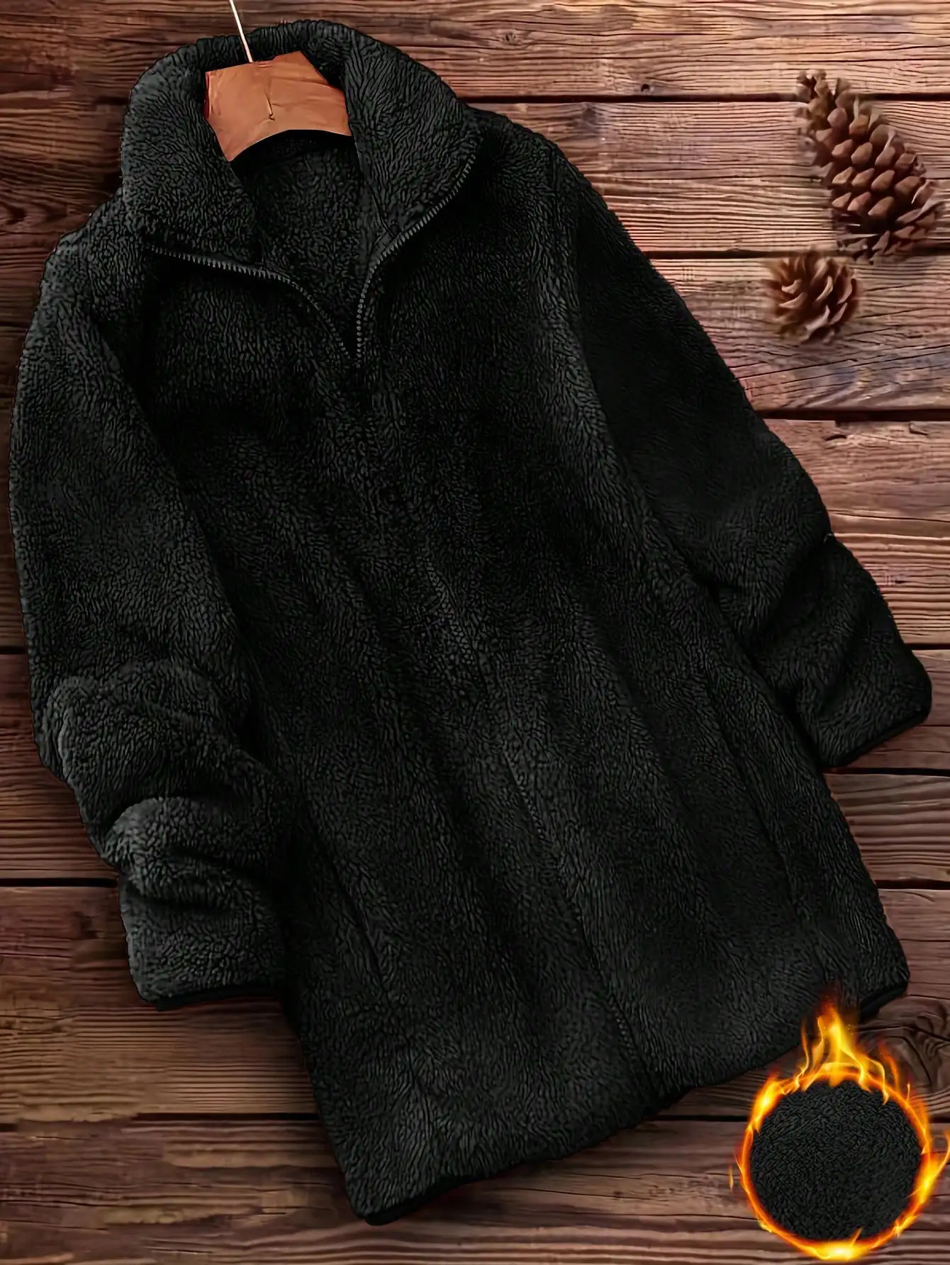 معطف تيدي أسود غامض بسحاب للنساء، سترة شتوية دافئة مع ياقة عالية