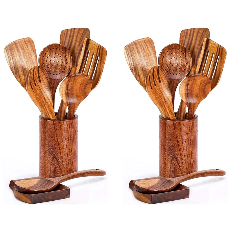 

18 PCS Wooden Spoons for Cooking, Wooden Utensils for Cooking with Utensils Holder, Teak Wooden Kitchen Utensils Set Promotion