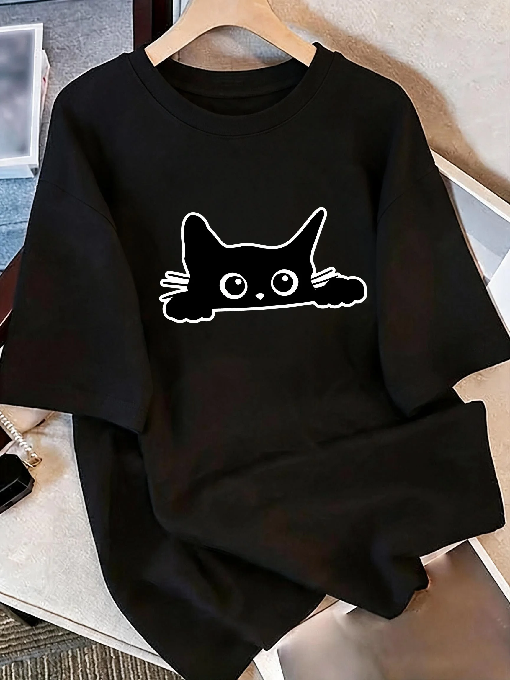 Funny Black Little Cat Print Short Sleeve T Shirt Women's Casual Crew Neck T-shirt Graphic Vintage Kitten Tops Clothes Female