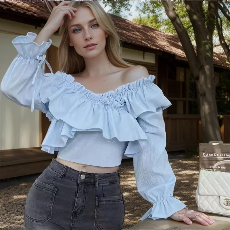 Spring Summer French Style Fashion Elegant Pure Sweet Shirt Slim Fit V Neck Ruffled Sleeve Casual Slash Neck Crop Top Korean