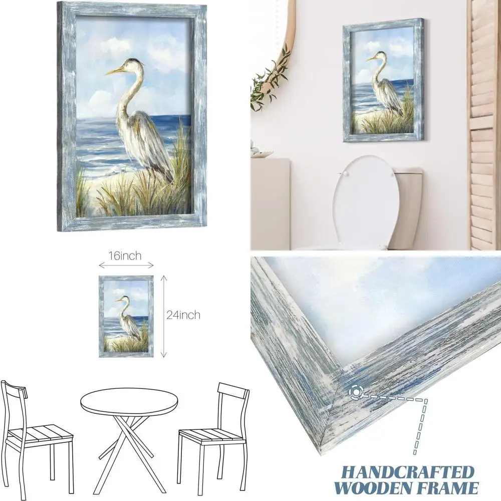 

Framed Blue Heron Beach Art - 24x16 Coastal Scene for Home & Office Decor