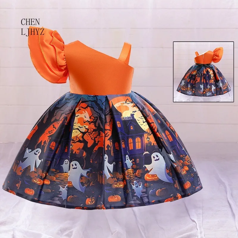 Wan Sheng Children's Dress Girl Cartoon Witch Pumpkin Ghost Skull Printed cosplay Party Festival Performance Dress