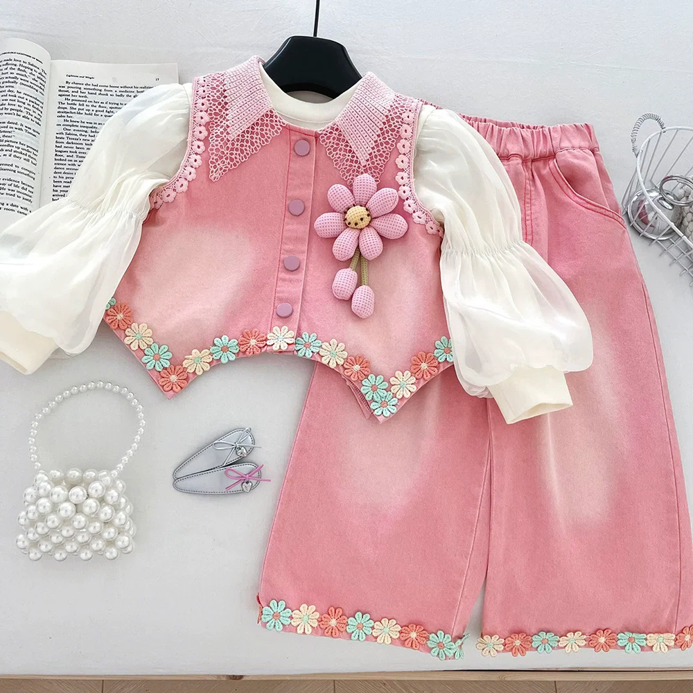 

3pieces Suit For Baby Vest Coat Autumn Girl Fashion Clothing Set children Shirts Denim Pants Outfit Spring Kids Pretty Clothes