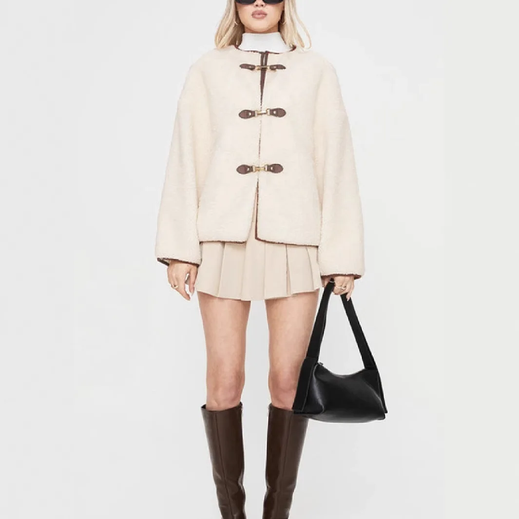Y2K Autumn and Winter Women's Thick Plush Leather Buckle Round Neck Long Sleeve Short Fashion Style Coat