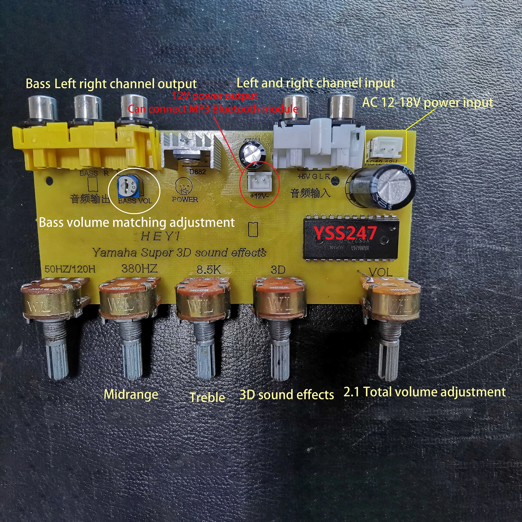 YSS247 placa preamplificadora de efectos de sonido Super 3D, preamplificador de 2,1 canales, ajuste de volumen de mezcla
