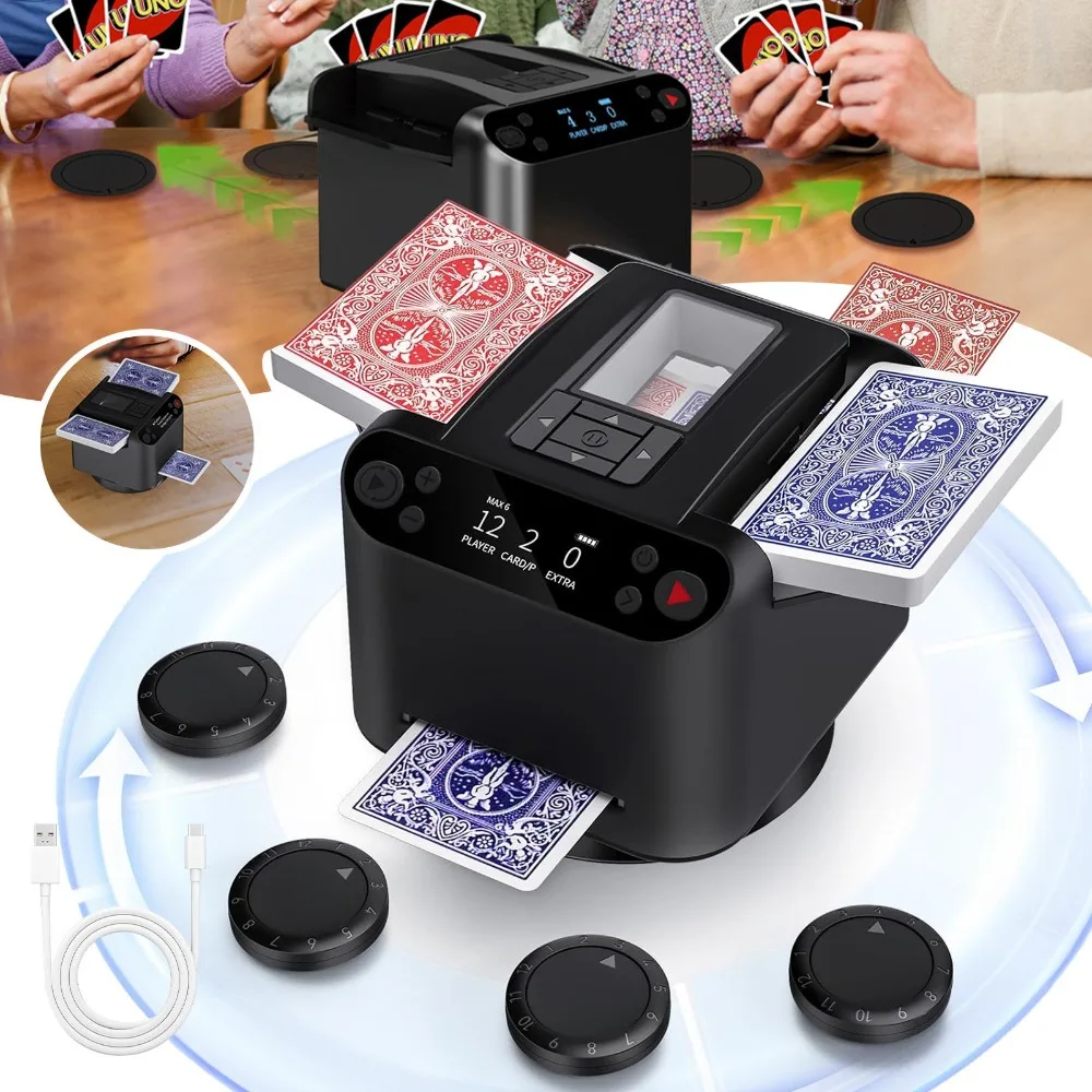 Machine à mélanger les cartes avec quatre boutons de distribution et fonctions de mélange intégrées. Il convient aux jeux de cartes tels que le poker, le blackjack et l'UNO, offrant un mélange fluide et rapide, ce qui le rend idéal pour les divertissements à domicile et les fêtes.