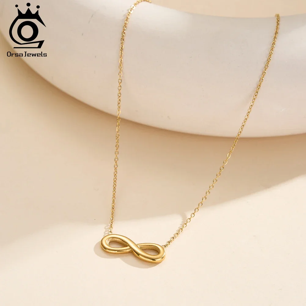 ORSA JEWELS Stainless Steel Classic Hollow Bowknot Infinity Pendant Necklace for Women Daily Wear Collarbone Chain STKN15