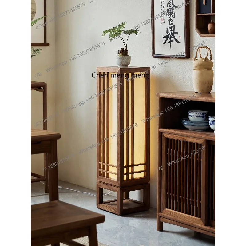 New Chinese black walnut floor lamp living room study decorative lamp solid wood zen vertical