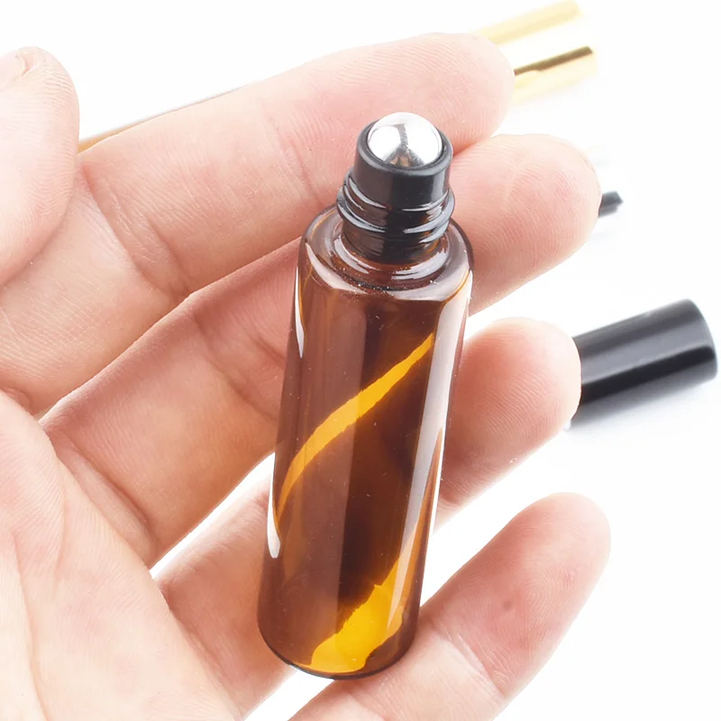 20 piezas bola de rodillo ámbar de 10ml, botella de aceite de vidrio esencial, bola de rodillo de Perfume vacía, contenedor de líquidos rellenable, herramientas de maquillaje