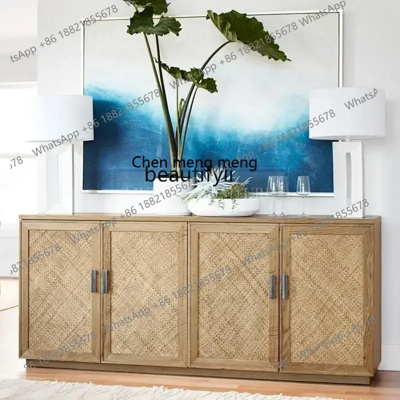 

2003 American solid wood dining side cabinet natural rattan multi-functional tea cabinet living room log color door cabinet