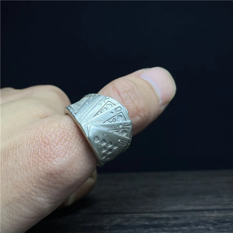 Plated Poker Card Trendy Auspicious Pattern Decor Finger Silver Rotatable Men's Ring