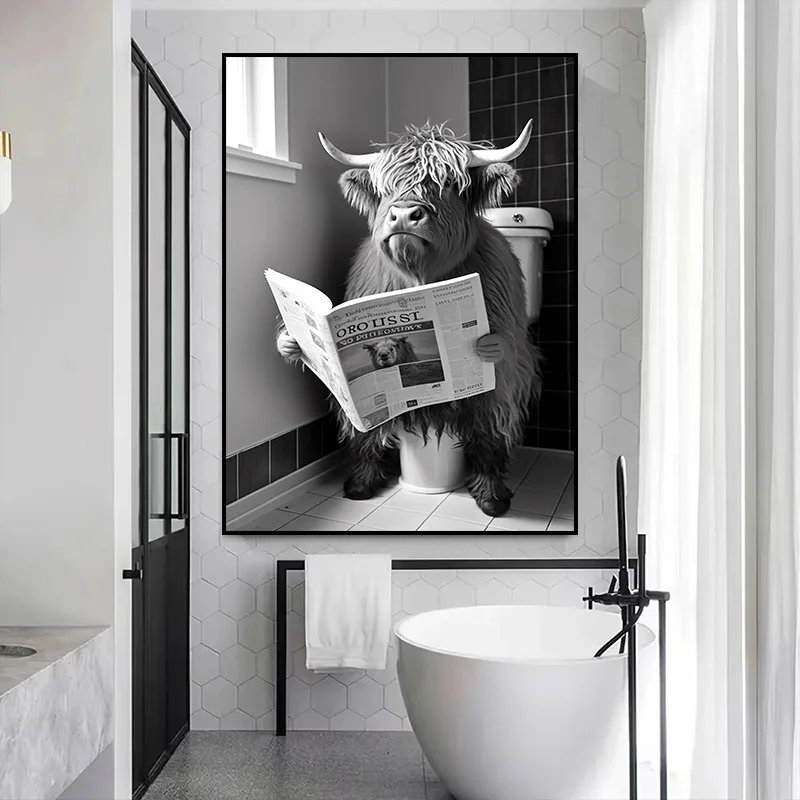 Funny Monkey Highland Cow Sitting on The Toilet Reading A Newspaper Poster Animal Canvas Painting And Print Bathroom Wall Decor