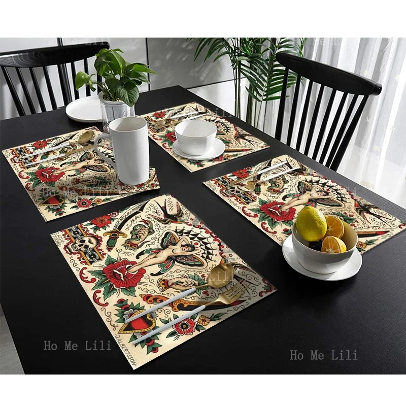 Sailor Jerry Retro Old Fashioned Tattoo Old School Traditional Eagle Mystic Art American Dagger Skul Placemat For Tabletop Decor