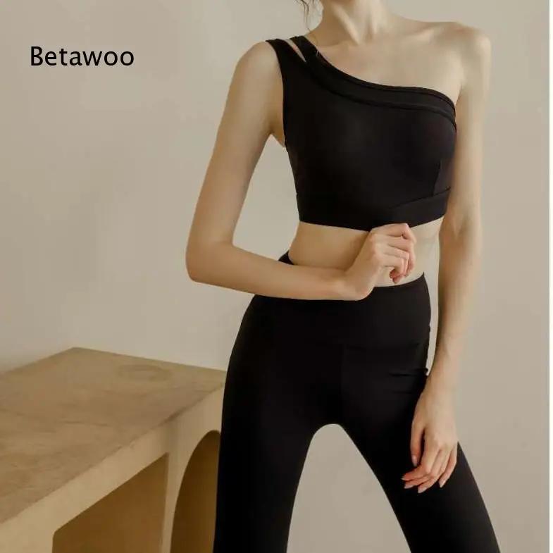 Women's One Shoulder Sports Bra and Flare Leggings Set 2 Piece Workout Gym Fitness Yoga Athletic Training Exercise Clothing Suit