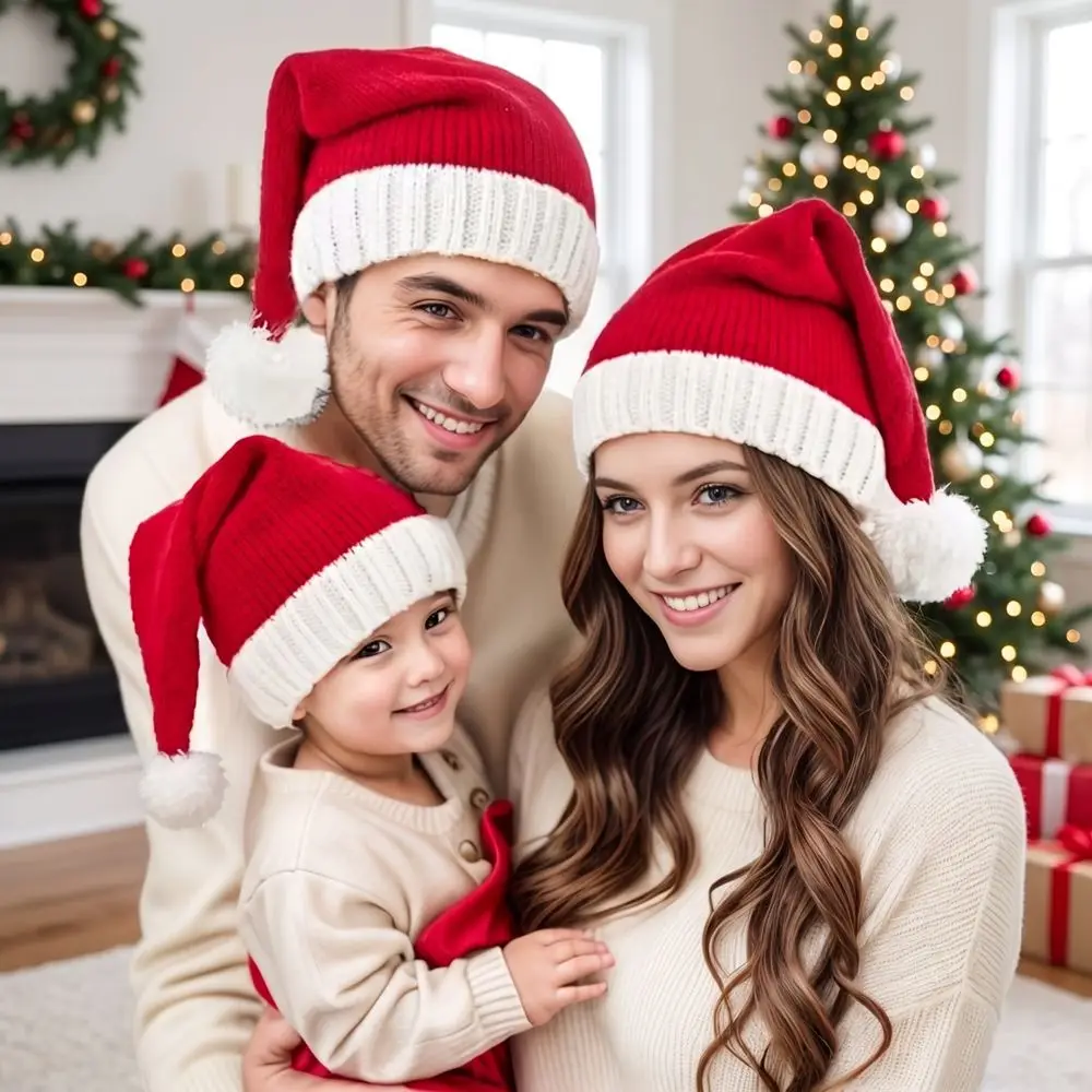 Gift Merry Christmas Hat Christmas Knitted Hat Stripe Green Red Woolen Hat Plush Ball Warm Santa Beanie Hat Winter/Autumn