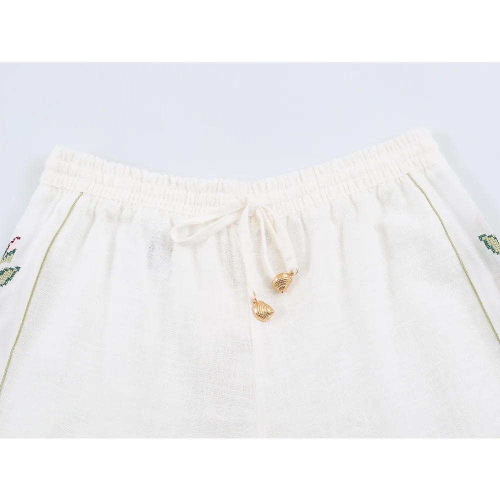 Fashion Women Side Stripe Straight Leg Pants with Contrasting Embroidery Elegant Chic High-waisted Embroidered Drawstring Pants